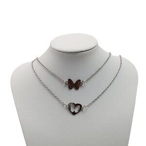 Mother Daughter Butterfly Duo Necklaces Silver Stainless Steel